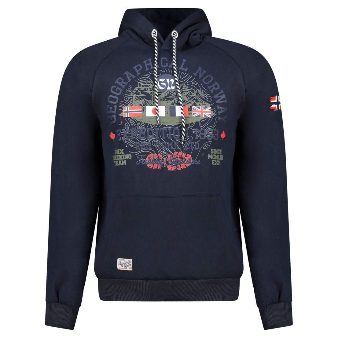 Geographical Norway Gexpe - Men's hooded sweatshirt with badge and prints - Geographical Norway GEXPE_MEN_GRIS_CLAIR_SDB-GEXPE_MEN_GRIS_CLAIR_M_SDB-GEXPE_MEN_GRIS_CLAIR_L_SDB-GEXPE_MEN_GRIS_CLAIR_XL_SDB-GEXPE_MEN_GRIS_CLAIR_XXL_SDB-GEXPE_MEN_GRIS_CLAIR_3XL_SDB-GEXPE_MEN_MARINE_S_SDB-GEXPE_MEN_MARINE_M_SDB-GEXPE_MEN_MARINE_L_SDB-GEXPE_MEN_MARINE_XL_SDB