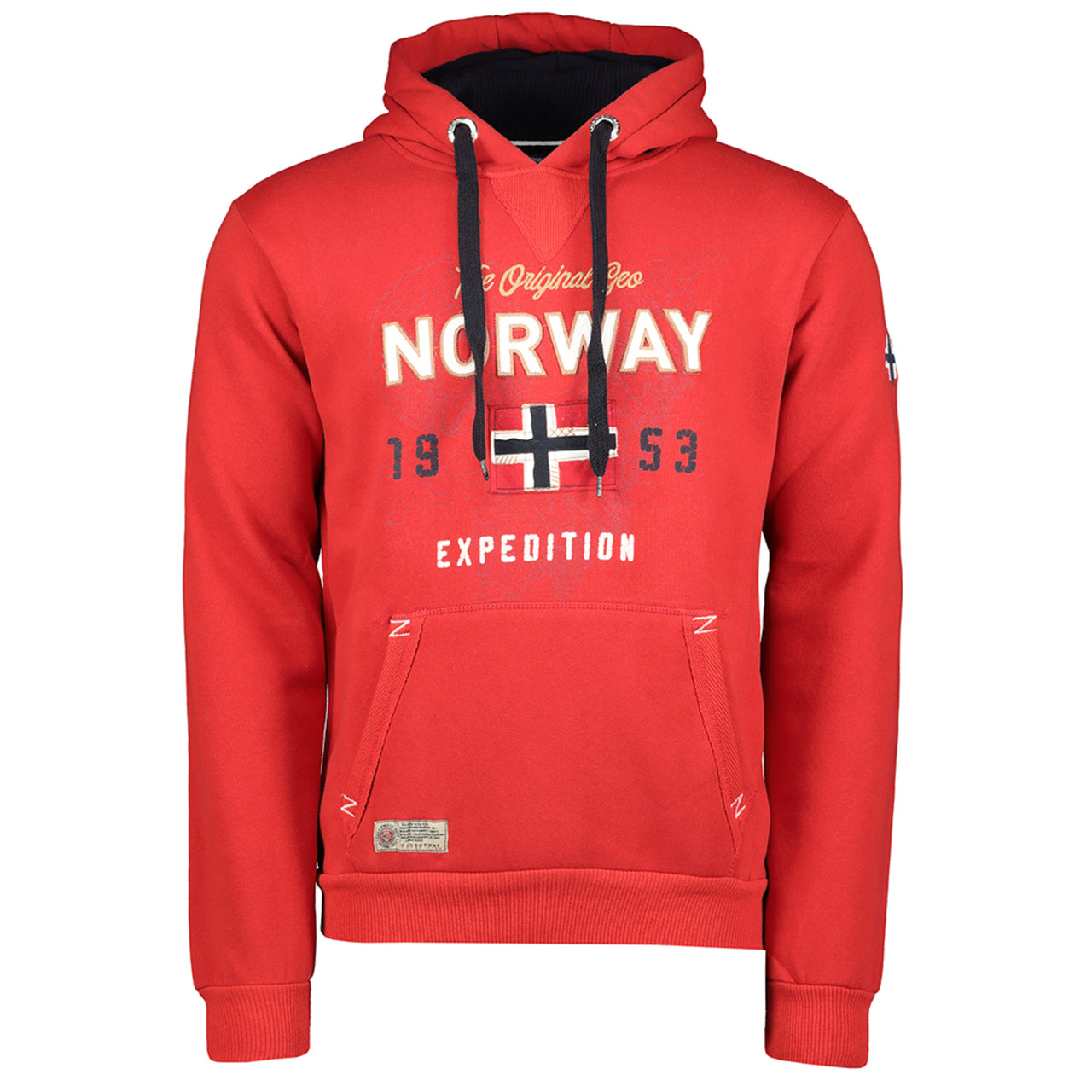 Geographical Norway Guitre Femme - Sweat à passe-tête avec capuche et lien de resserrage, impressions sur le devant, poche sur les côtés, drapeau devant et sur le bras.