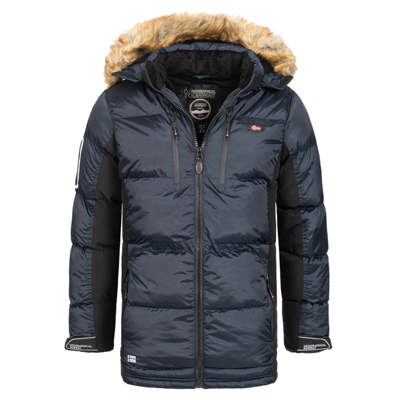 Geographical Norway Danone Homme - Men's bi- material parka with detachable  hood and adjustable synthetic faux fur Navy