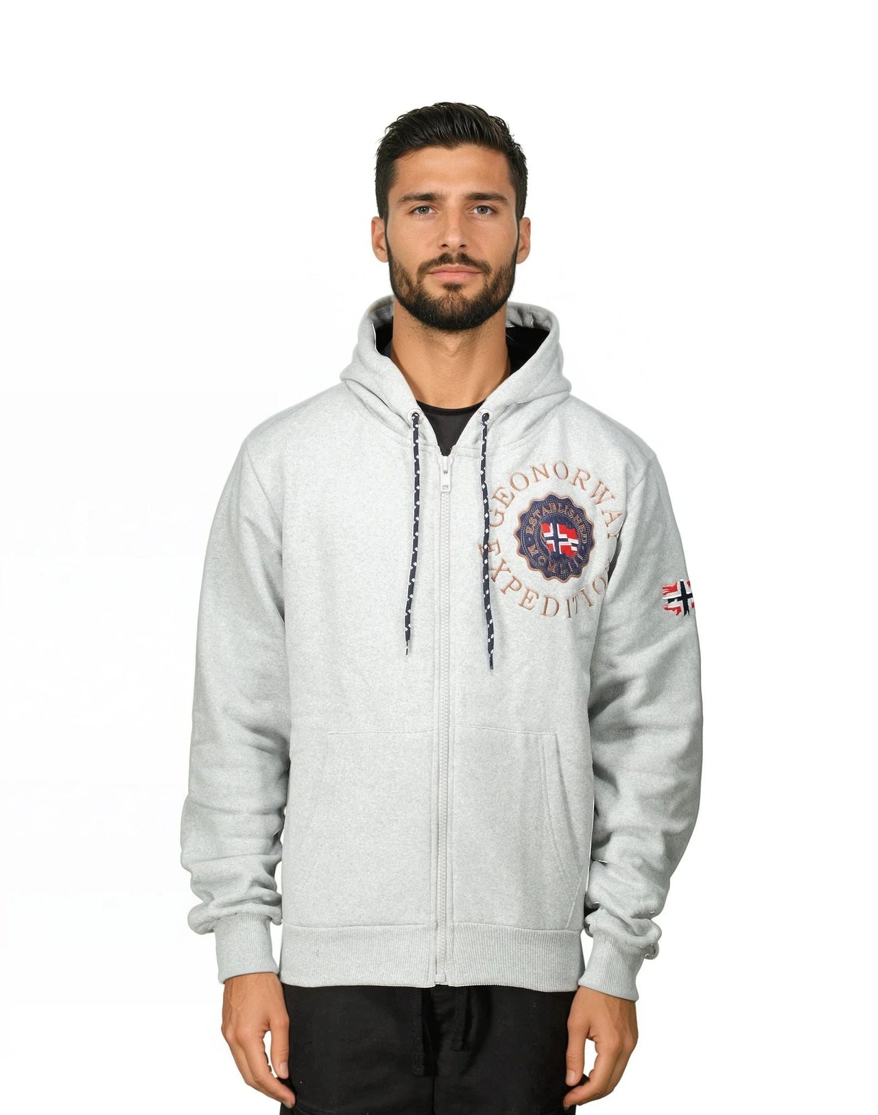Geographical Norway GEGANTO Men - Hooded sweatshirt with prints and flag - Geographical Norway GEGANTO_MEN_GRIS_CLAIR_S_SDB-GEGANTO_MEN_BLANC_S_SDB-GEGANTO_MEN_GRIS_CLAIR_MDB-GEGANTO_MEN_BLANC_M_SDB-GEGANTO_MEN_GRIS_CLAIR_L_SDB-GEGANTO_MEN_BLANC_L_SDB-GEGANTO_MEN_GRIS_CLAIR_XL_SDB-GEGANTO_MEN_BLANC_XL_SDB-GEGANTO_MEN_GRIS_CLAIR_XXL_SDB-GEGANTO_MEN_BLANC_XXL_SDB