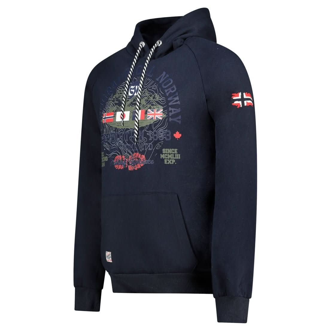 Geographical Norway Gexpe - Men's hooded sweatshirt with badge and prints - Geographical Norway GEXPE_MEN_GRIS_CLAIR_SDB-GEXPE_MEN_GRIS_CLAIR_M_SDB-GEXPE_MEN_GRIS_CLAIR_L_SDB-GEXPE_MEN_GRIS_CLAIR_XL_SDB-GEXPE_MEN_GRIS_CLAIR_XXL_SDB-GEXPE_MEN_GRIS_CLAIR_3XL_SDB-GEXPE_MEN_MARINE_S_SDB-GEXPE_MEN_MARINE_M_SDB-GEXPE_MEN_MARINE_L_SDB-GEXPE_MEN_MARINE_XL_SDB